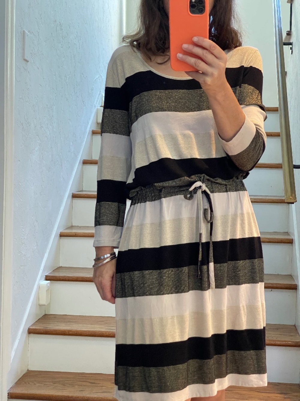 Loft striped cream/ black gold metallic  casual mini  dress women M